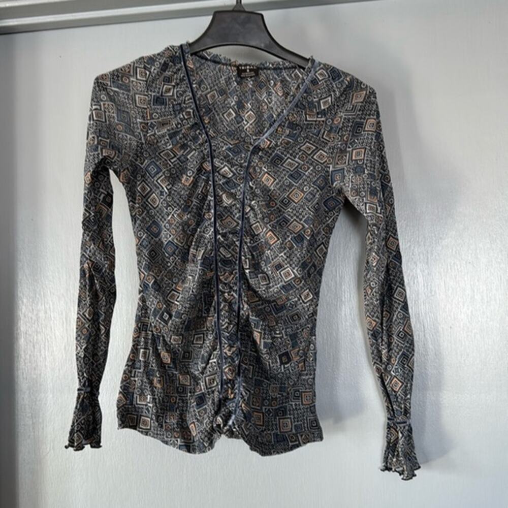 Tribal Women's Pullover Top sz S Long Sleeves V-Neck Shirred Front Babydoll Y2K